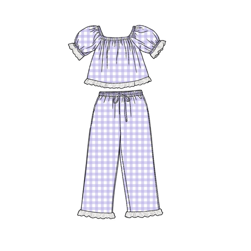 GSPO2291 Preorder Baby Girl Short Sleeve Lavender Checked Tunic Ruffle Pants Clothes Sets