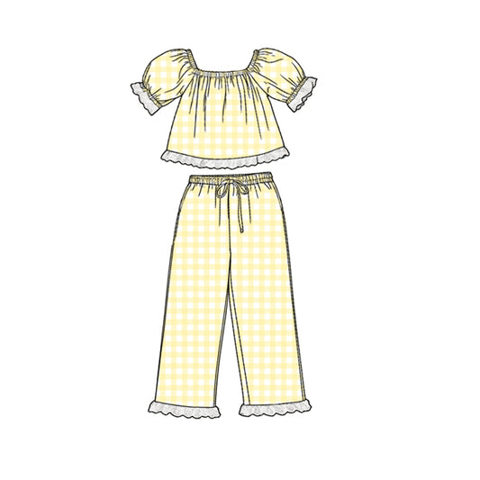 GSPO2292 Preorder Baby Girl Short Sleeve Yellow Checked Tunic Ruffle Pants Clothes Sets