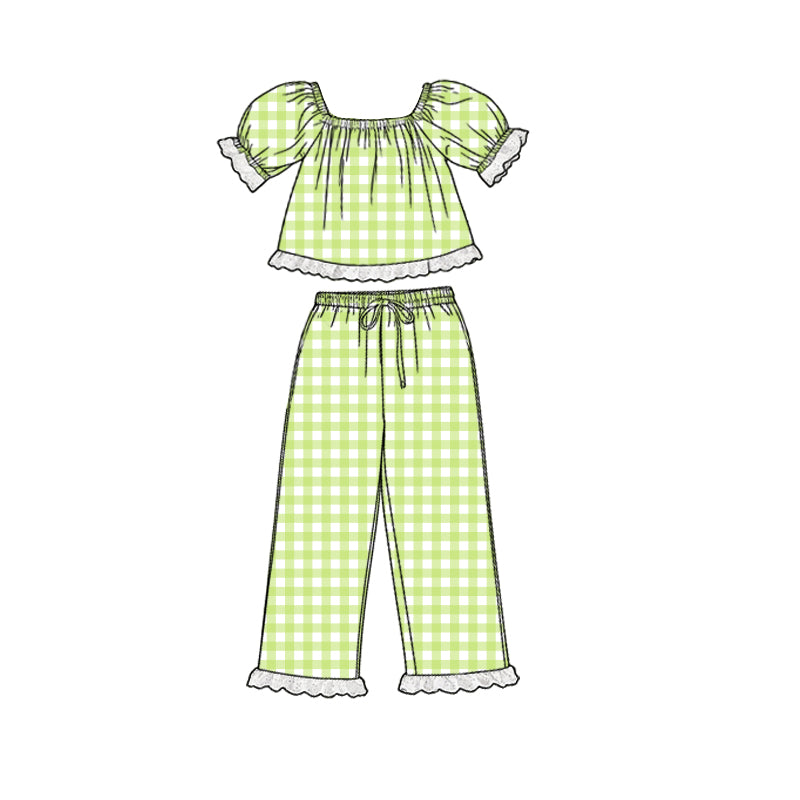 GSPO2293 Preorder Baby Girl Short Sleeve Green Checked Tunic Ruffle Pants Clothes Sets