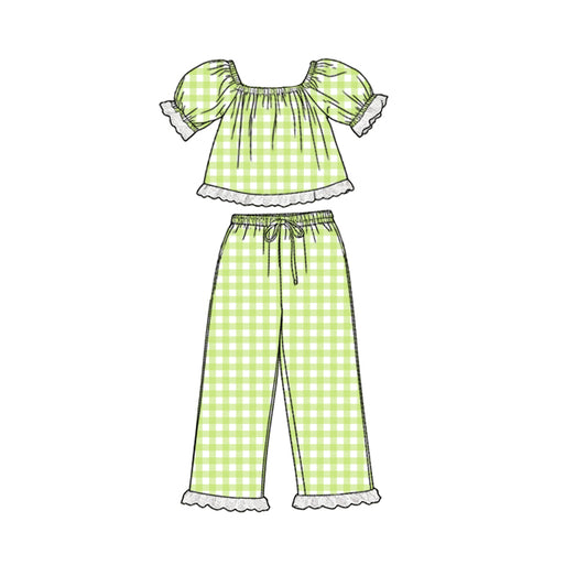 GSPO2293 Preorder Baby Girl Short Sleeve Green Checked Tunic Ruffle Pants Clothes Sets