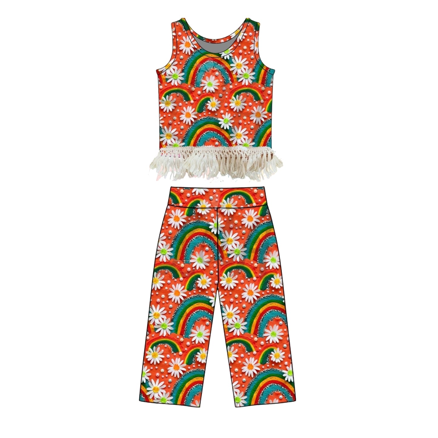 GSPO2294 Preorder Baby Girl Sleeveless Flowers Rainbows Top Flare Pants Clothes Sets