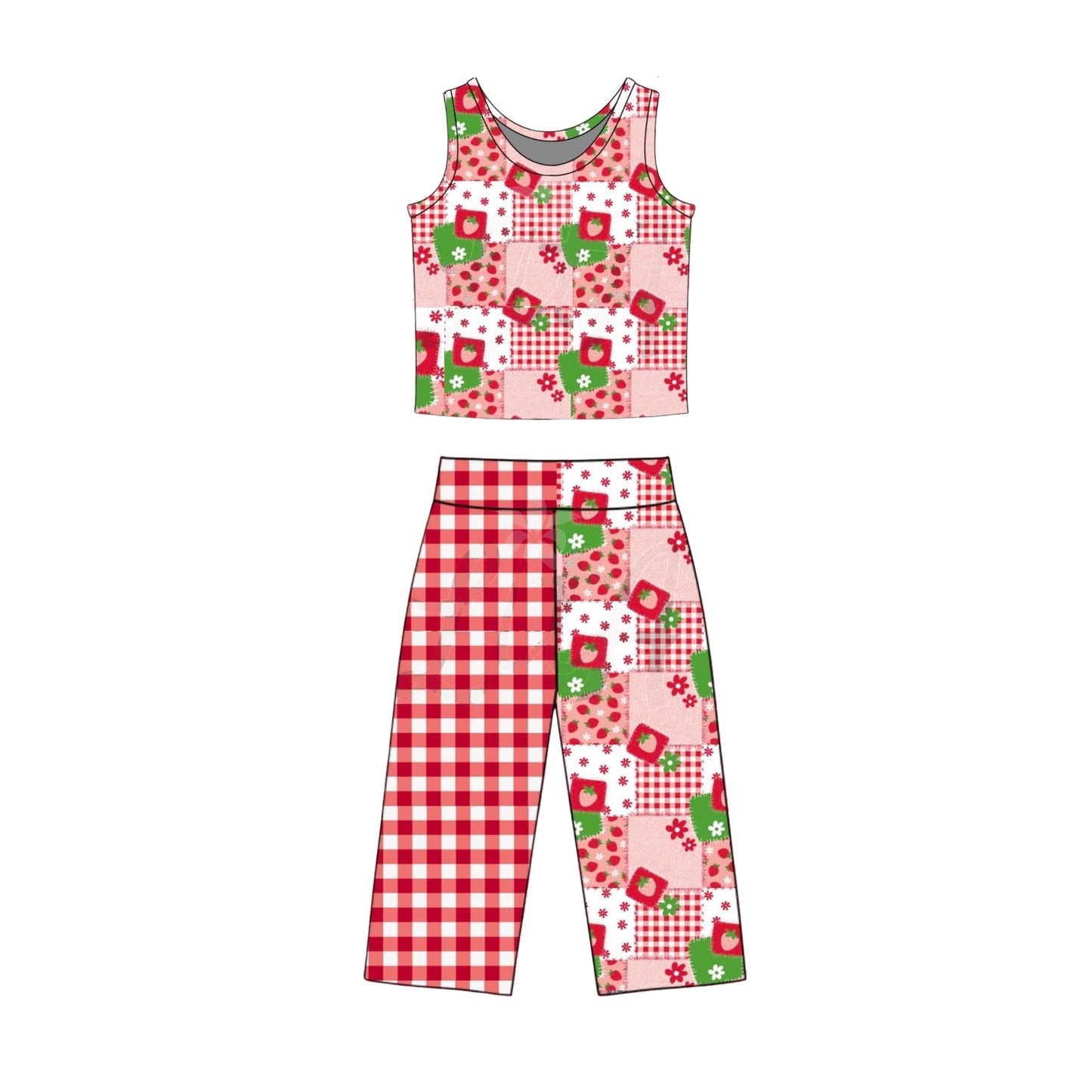 GSPO2297 Preorder Baby Girl Sleeveless Strawberry Checked Top Flare Pants Clothes Sets