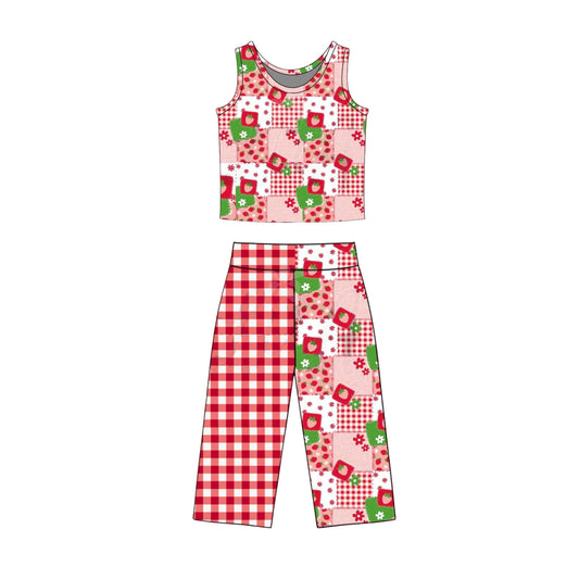 GSPO2297 Preorder Baby Girl Sleeveless Strawberry Checked Top Flare Pants Clothes Sets