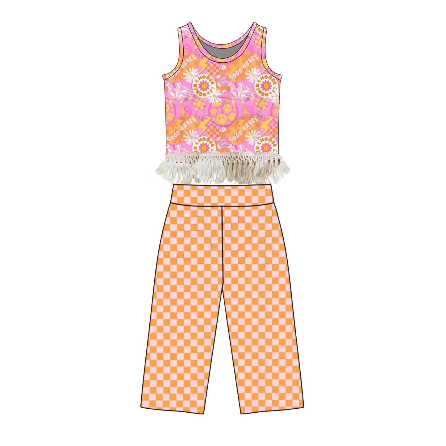 GSPO2298 Preorder Baby Girl Sleeveless Smile Flowers Top Flare Pants Clothes Sets