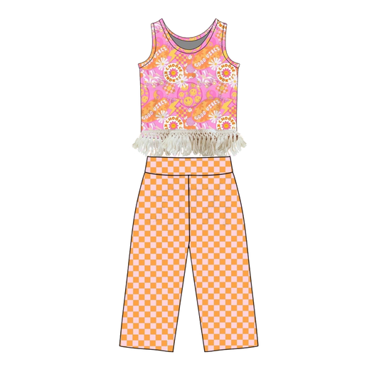 GSPO2298 Preorder Baby Girl Sleeveless Smile Flowers Top Flare Pants Clothes Sets