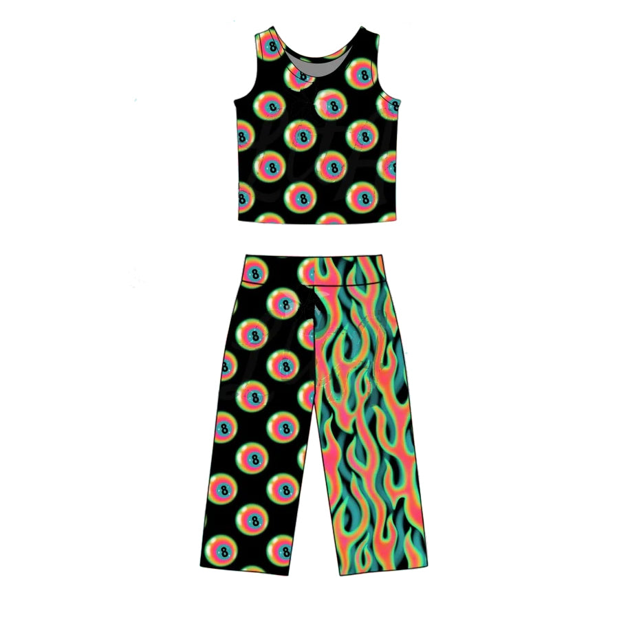 GSPO2299 Preorder Baby Girl Sleeveless No.8 Balls Top Flare Pants Clothes Sets