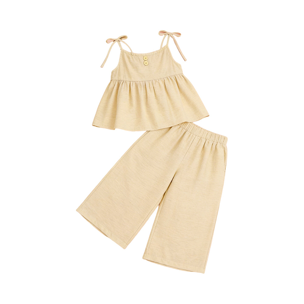GSPO2300 Preorder Baby Girl Khaki Strap Button Tunic Flare Pants Clothes Sets
