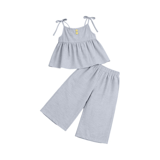 GSPO2301 Preorder Baby Girl Light Grey Strap Button Tunic Flare Pants Clothes Sets