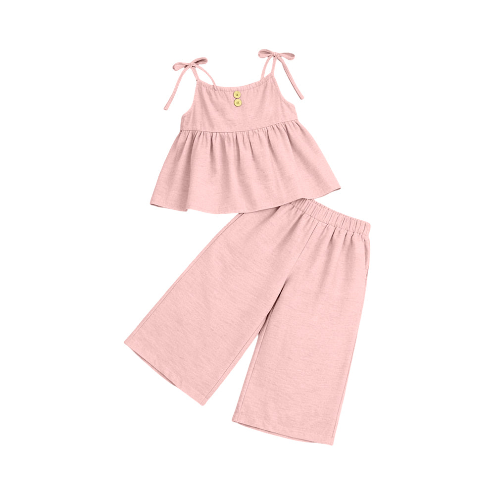 GSPO2302 Preorder Baby Girl Light Pink Strap Button Tunic Flare Pants Clothes Sets
