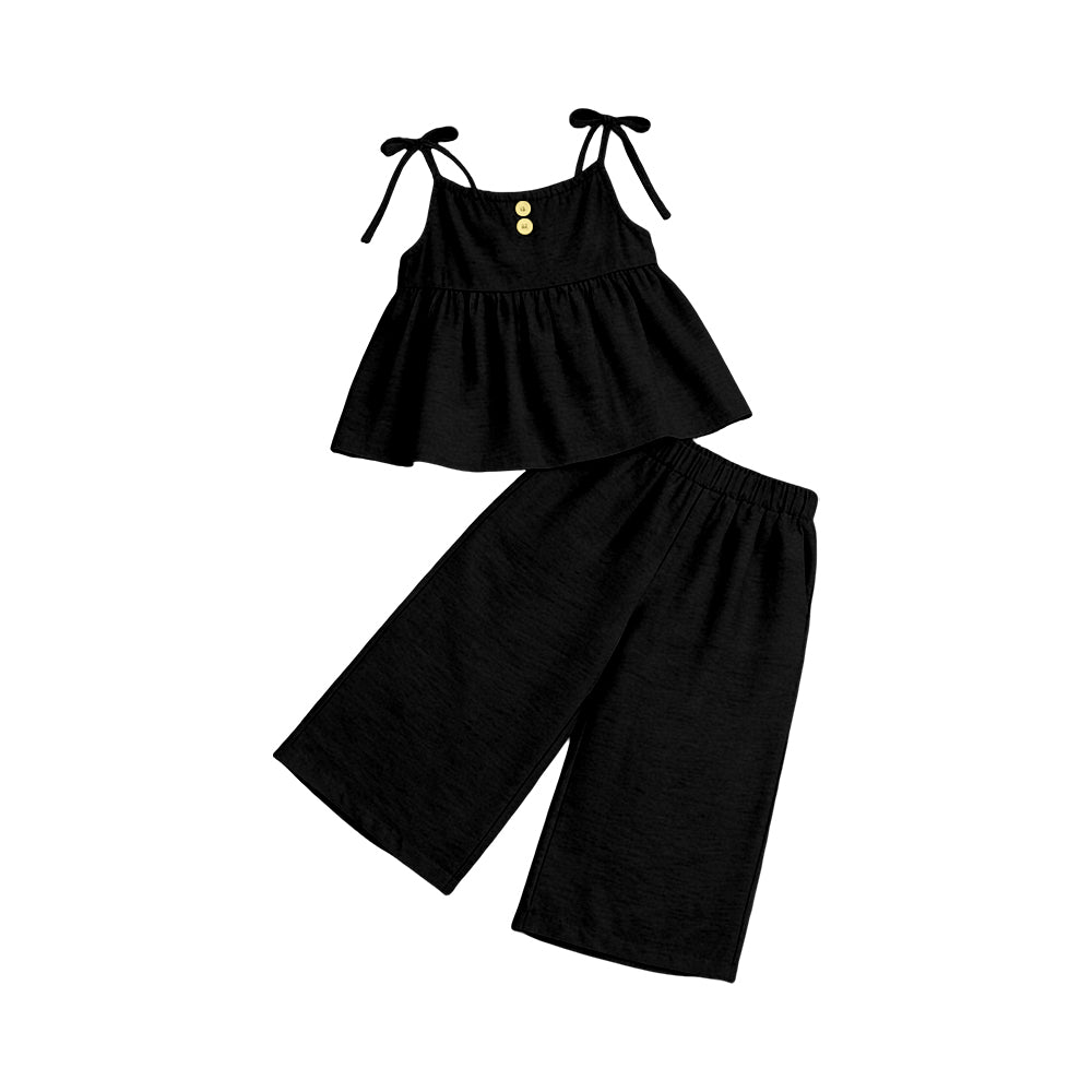 GSPO2303 Preorder Baby Girl Black Strap Button Tunic Flare Pants Clothes Sets