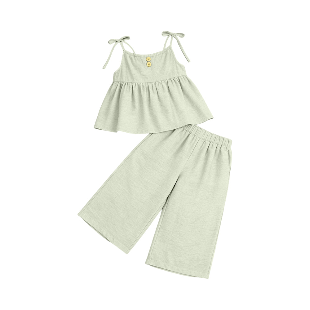 GSPO2304 Preorder Baby Girl Light Green Strap Button Tunic Flare Pants Clothes Sets