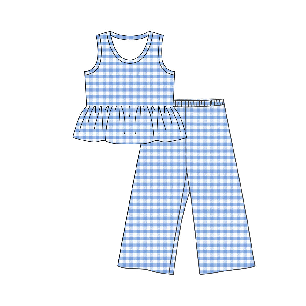 GSPO2305 Preorder Baby Girl Blue Checked Tunic Flare Pants Clothes Set