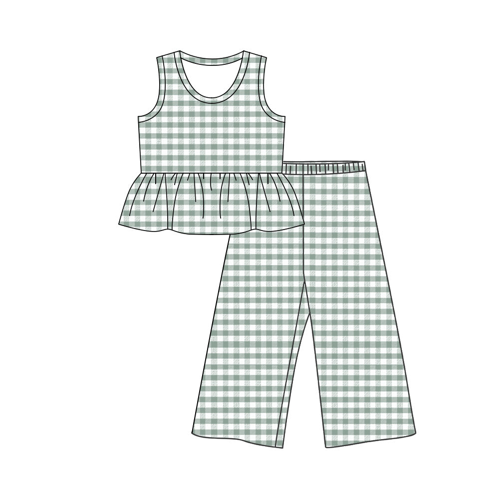 GSPO2307 Preorder Baby Girl Green Checked Tunic Flare Pants Clothes Set