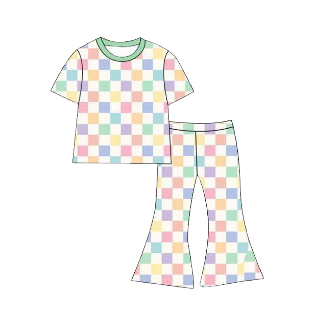 GSPO2312 Preorder Baby Girls Colorful Checked Short Sleeve Top Bell Bottom Pants Clothes Set