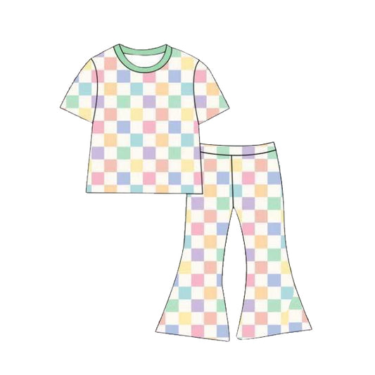 GSPO2312 Preorder Baby Girls Colorful Checked Short Sleeve Top Bell Bottom Pants Clothes Set