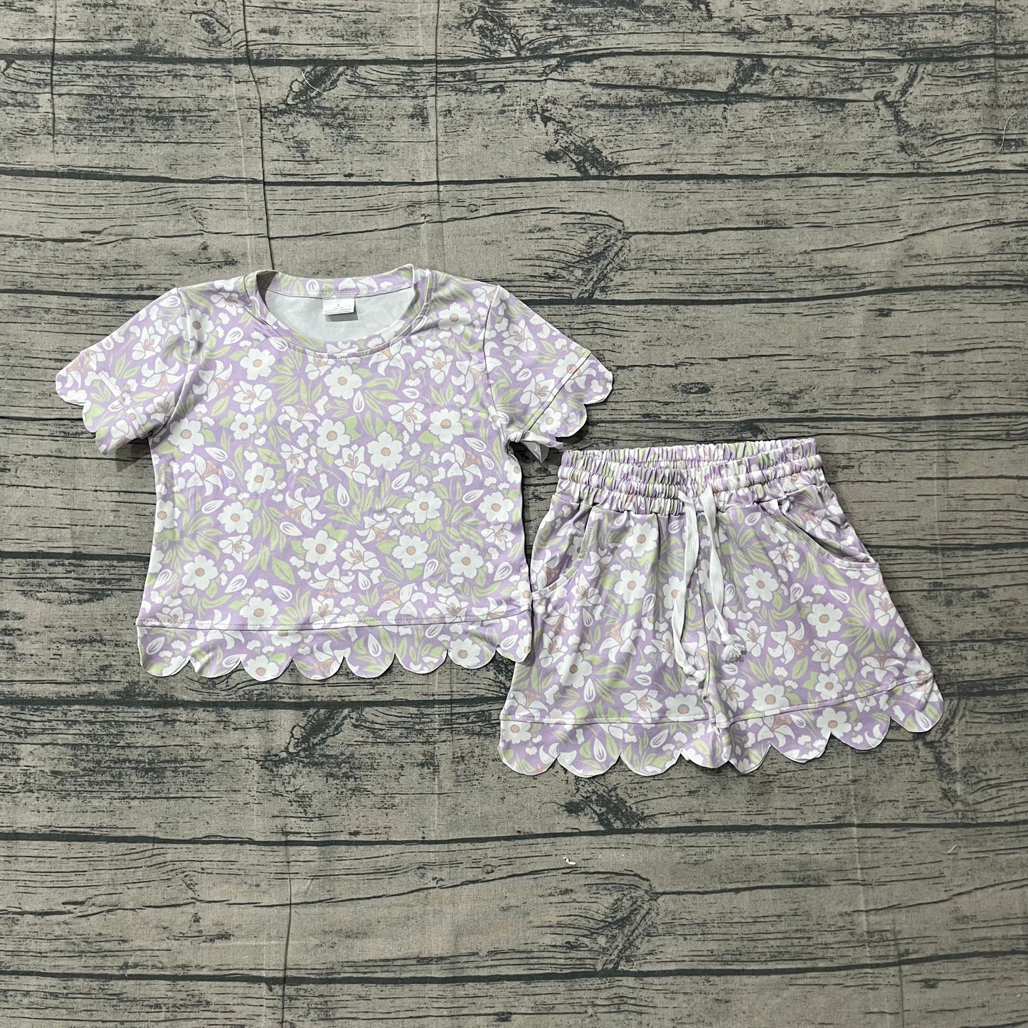 GSS03265 Preorder Sample Baby Girl Lavender Flowers Top Short Scallop Clothes Sets
