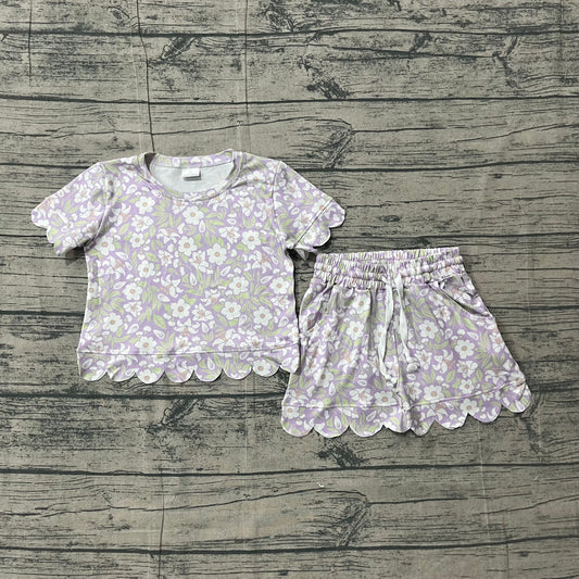 GSS03265 Preorder Sample Baby Girl Lavender Flowers Top Short Scallop Clothes Sets