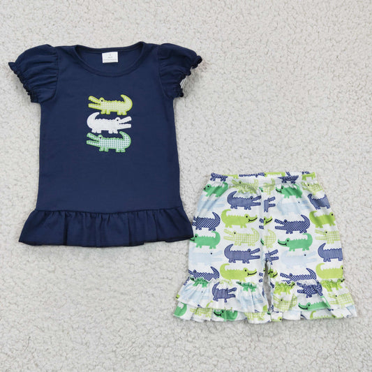 GSSO0159 Baby Girl Summer Alligator Embroidery Shorts Sets
