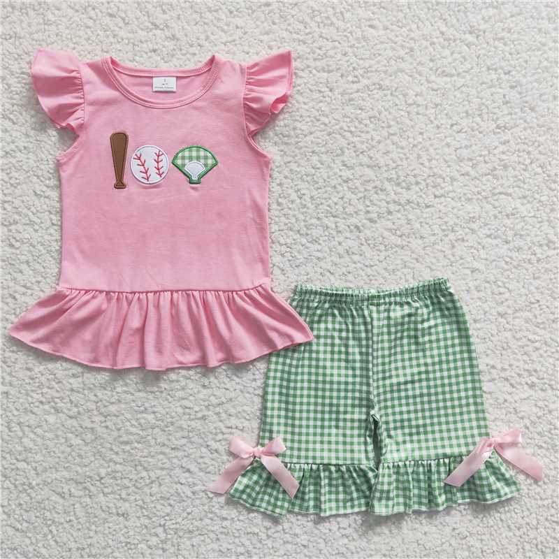 Girl Sets Sibling Baby Boy Romper Baseball Green Checked Summer Outfits Suits
