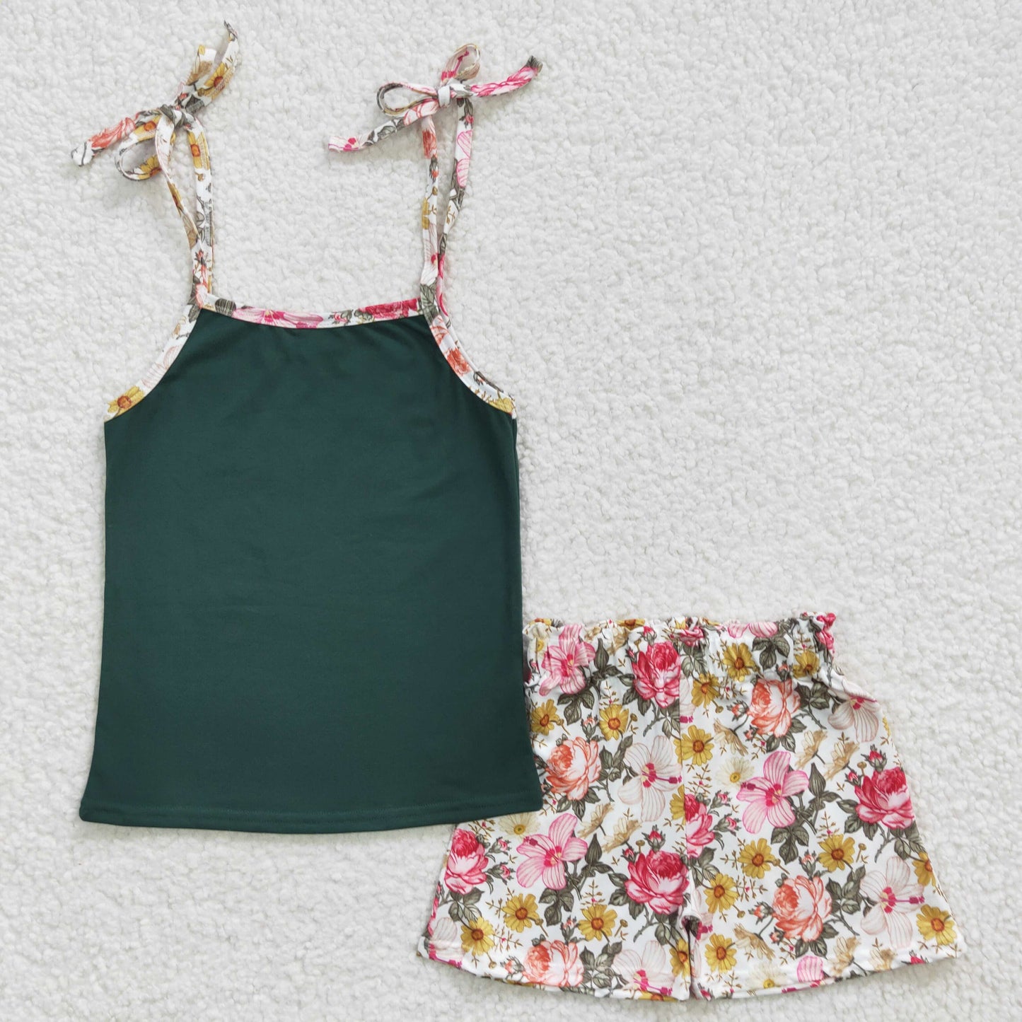 GSSO0217 Baby Girls Green Straps Tops Floral Summer Shorts Sets