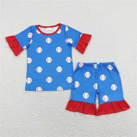 GSSO0525 Baby Girl Blue Baseball Ruffle Tee Tops Shorts Pajamas Clothing Sets