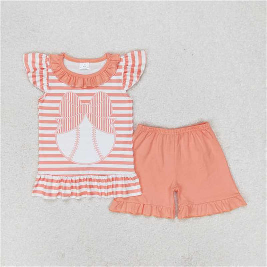 GSSO0633 Baby Girl Baseball Bow Flutter Sleeve Top Ruffle Shorts Clothes Sets