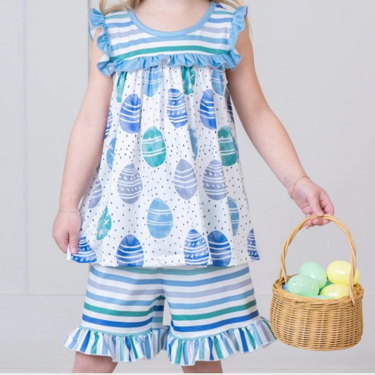 GSSO1467 Baby BGirls Easter Blue Eggs Tunic Ruffle Shorts Clothes Sets Preorder