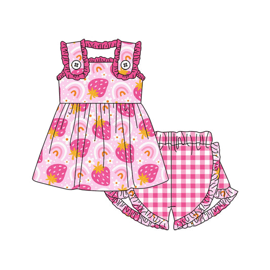 GSSO1473 Baby Girls Pink Strawberry Rainbow Tunic Ruffle Shorts Clothes Sets Preorder