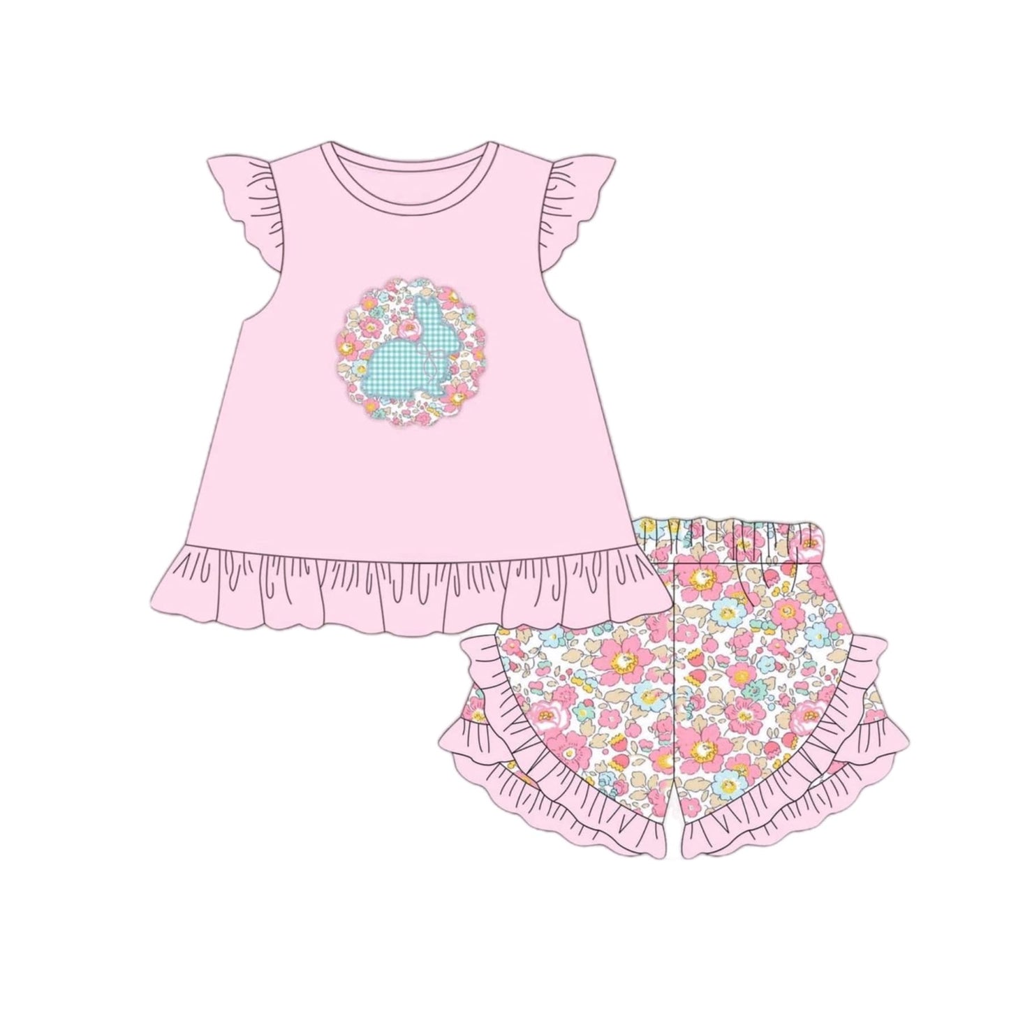 GSSO1475 Baby Girls Easter Bunny Pink Floral Tunic Shorts Clothes Sets Preorder