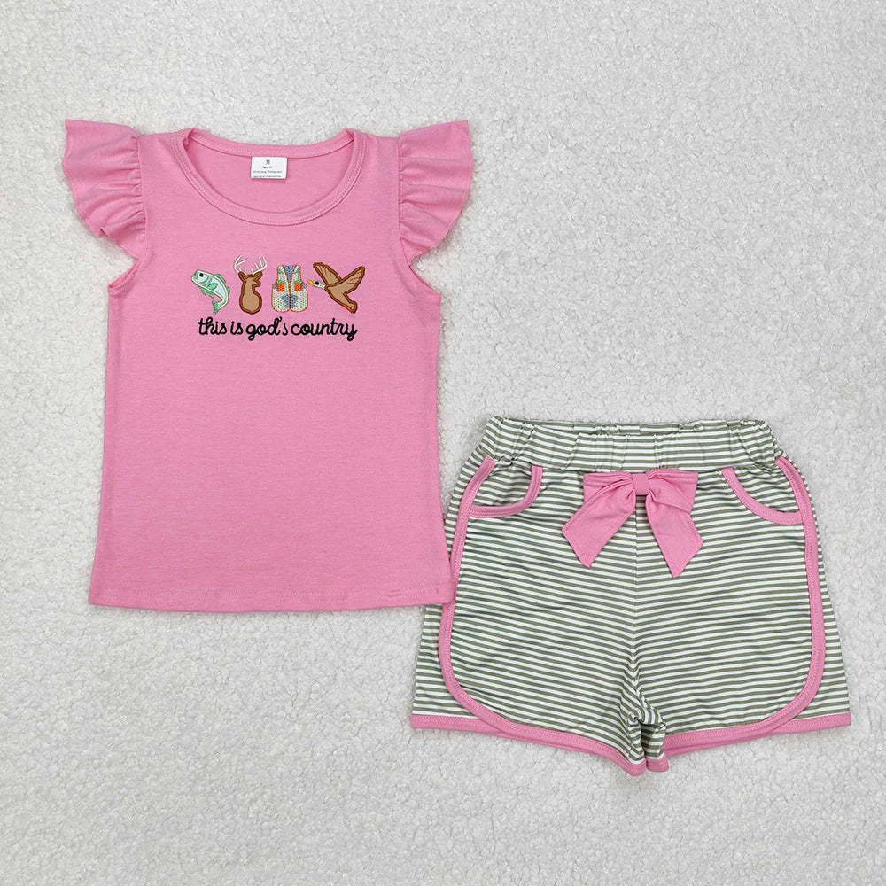 GSSO1614 Kids Baby Girls God Country Hunting Shirt Bow Shorts Clothes Sets
