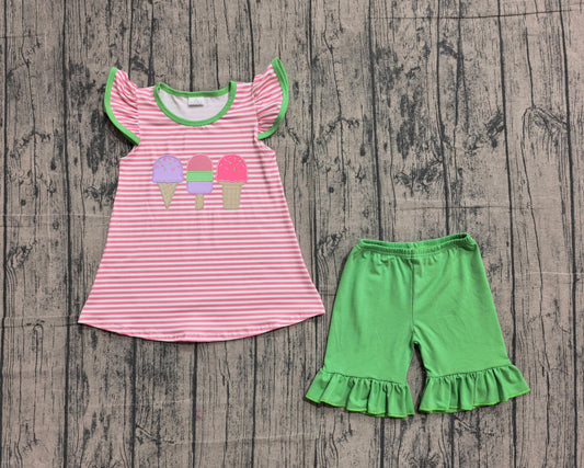 GSSO2349 Preorder IRL Baby Girl Embroidery Popsicle Pink Stripe Tunic Ruffle Short Outfits Set