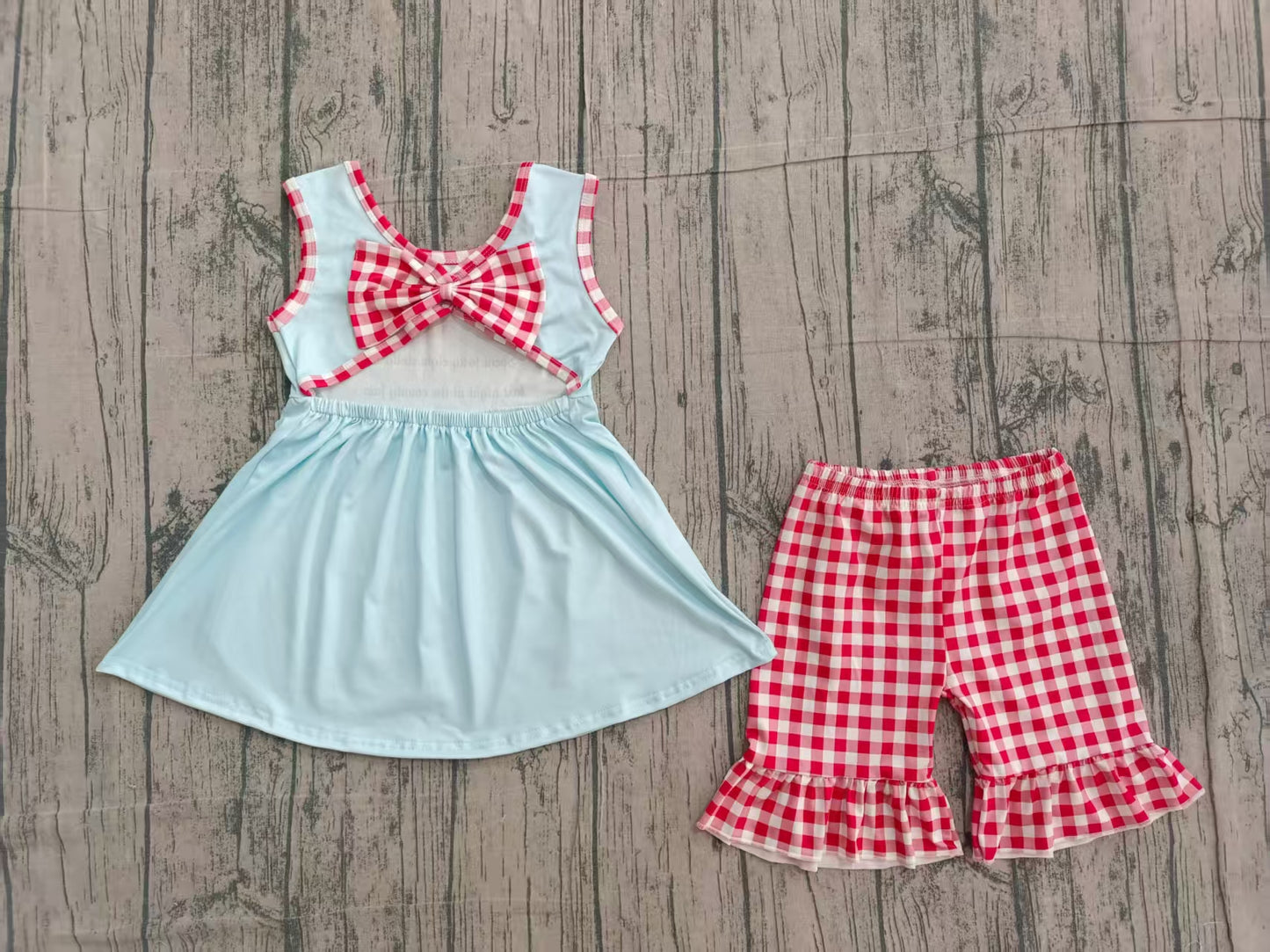 GSSO2544 Preorder IRL Baby Girls Sleeveless Park Tunic Red Plaid Ruffle Short Set