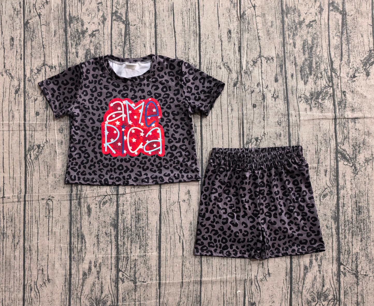 GSSO2576 Preorder Sample Baby Girls Black Leopard American Stars Top Short 4th Of July Pajamas Set