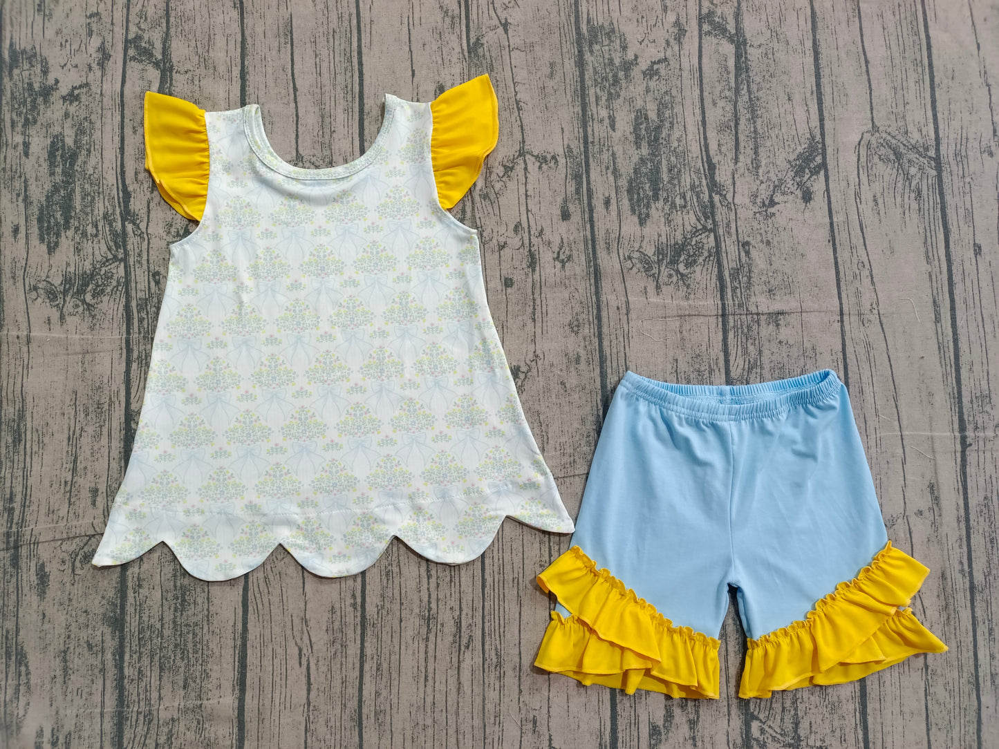 GSSO2767 Preorder IRL Baby Girl Bow Flowers Scallop Tunic Ruffle Shorts Clothes Sets