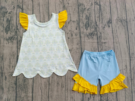 GSSO2767 Preorder IRL Baby Girl Bow Flowers Scallop Tunic Ruffle Shorts Clothes Sets