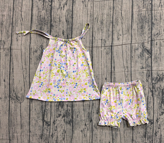 GSSO2778 Preorder IRL Baby Girl Pink Strap Floral Tunic Ruffle Shorts Clothes Sets