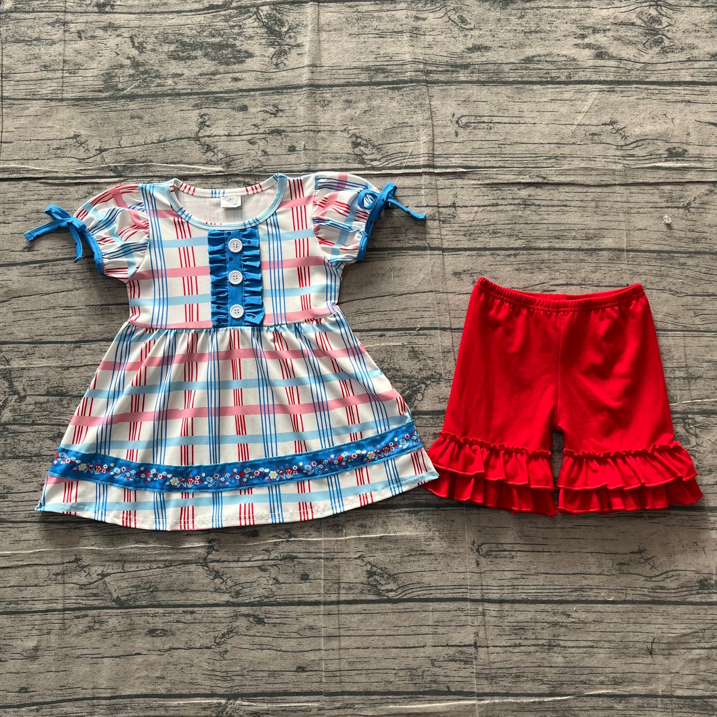 GSSO2815 Preorder Sample Baby Girl Red Blue Checked Button Tunic Ruffle Shorts July 4th Clothes Sets
