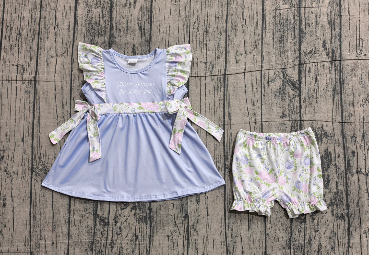 GSSO2846 Preorder IRL Baby Girl Thank Heaven Little Girl Bows Tunic Ruffle Shorts Clothes Sets
