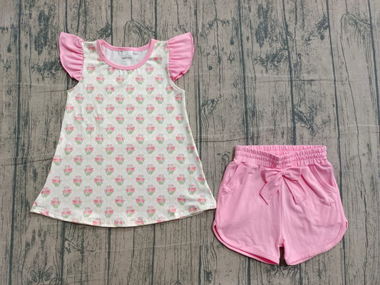 GSSO2953 Preorder IRL Baby Girl Flowers Checked Tunic Pockets Shorts Clothes Sets