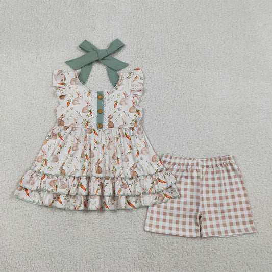 GSSO2980 Baby Girl Carrot Rabbits Button Strap Tunic Checked Shorts Easter Clothes Sets