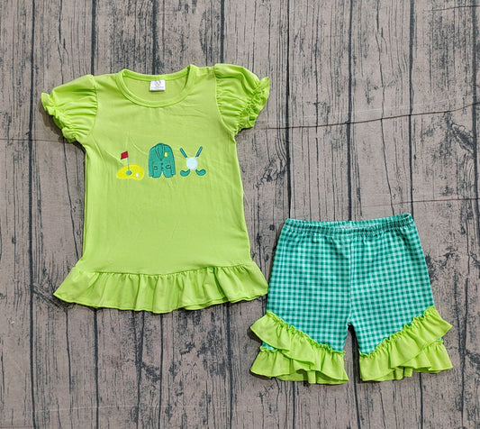 GSSO3033 Preorder Sample Baby Girl Golf Flag Top Green Checked Ruffle Shorts Clothes Sets