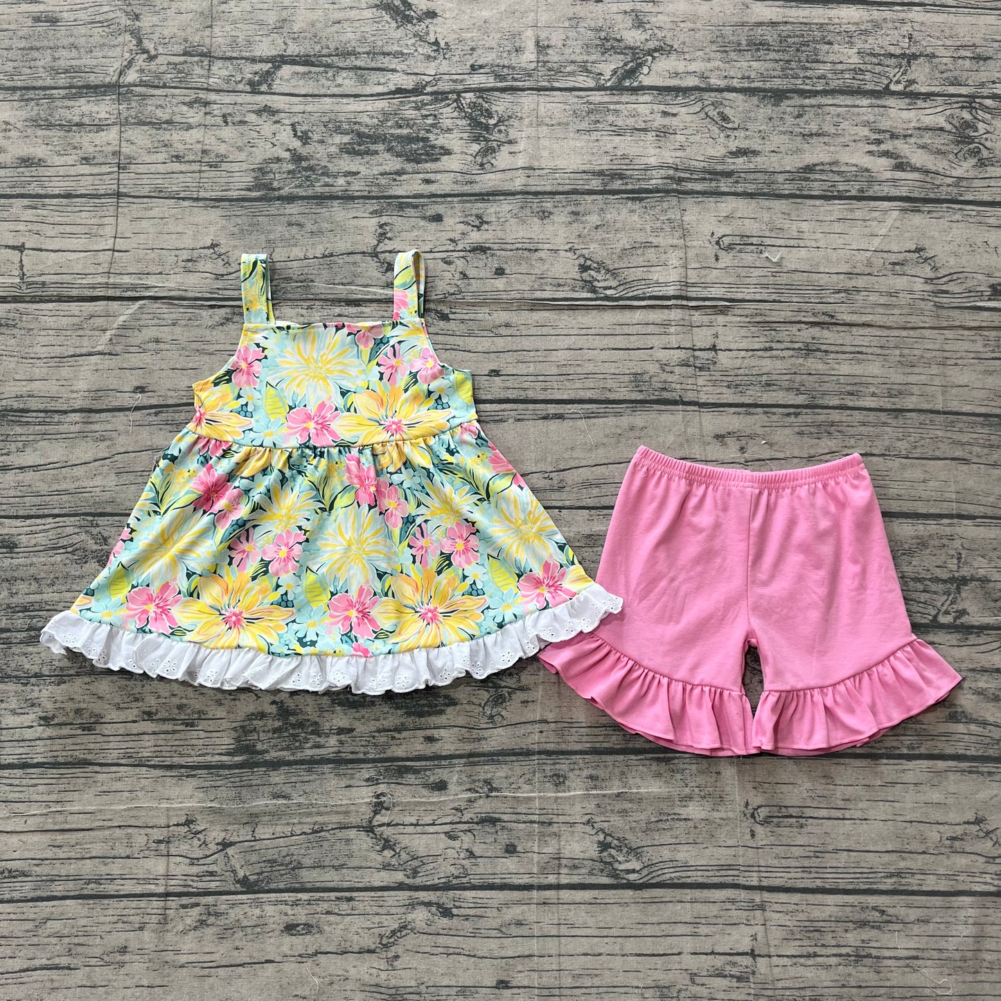 GSSO3034 Preorder Sample Baby Girl Strap Colorful Flowers Tunic Ruffle Shorts Clothes Sets