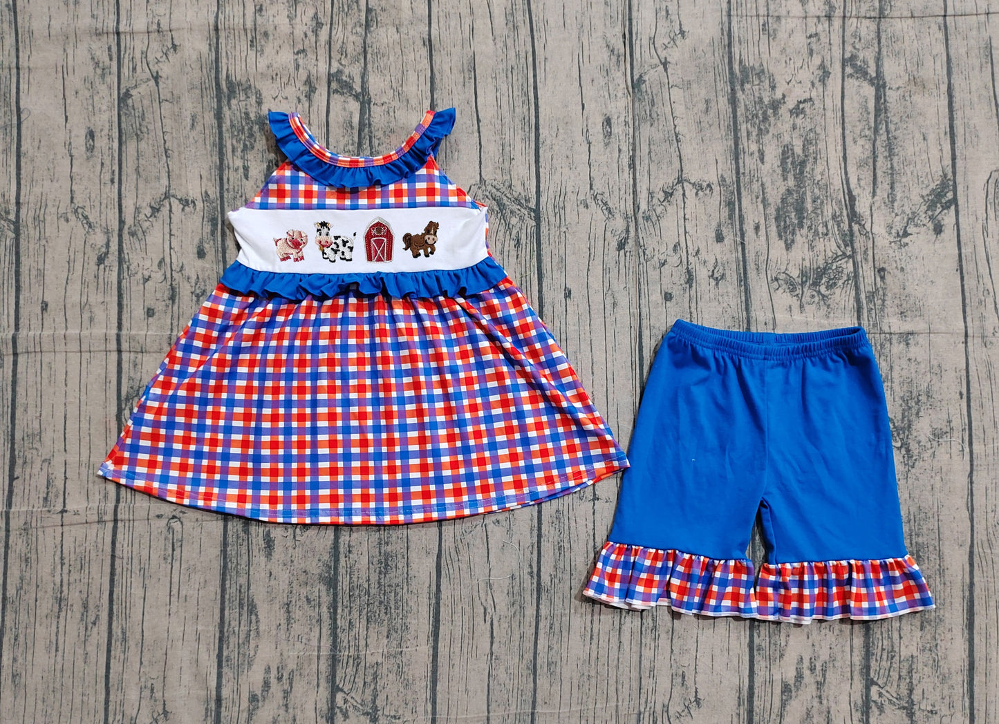 GSSO3056 Preorder Sample Baby Girl Embroidery Farm Checked Tunic Ruffle Shorts Clothes Sets