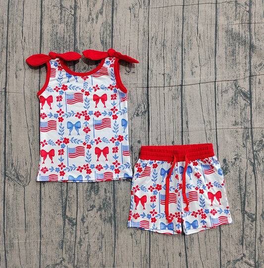 GSSO3094 pre-order toddler girl clothes bows print girl 4th of July summer set-26.1.22