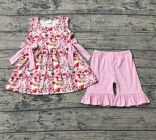 GSSO3104 Preorder Sample Baby Girl Pink Checked Strawberry Tunic Ruffle Shorts Clothes Sets