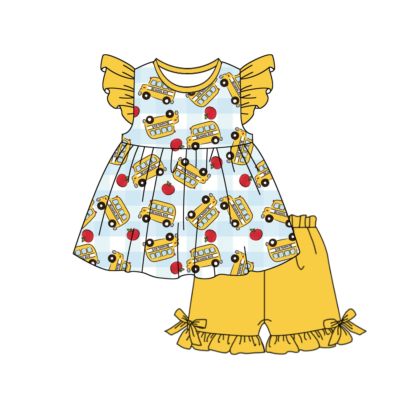 Pre-order no moq GSSO3105 pre-order baby girl clothes bus yellow flying sleeve summer outfit-25.12.30