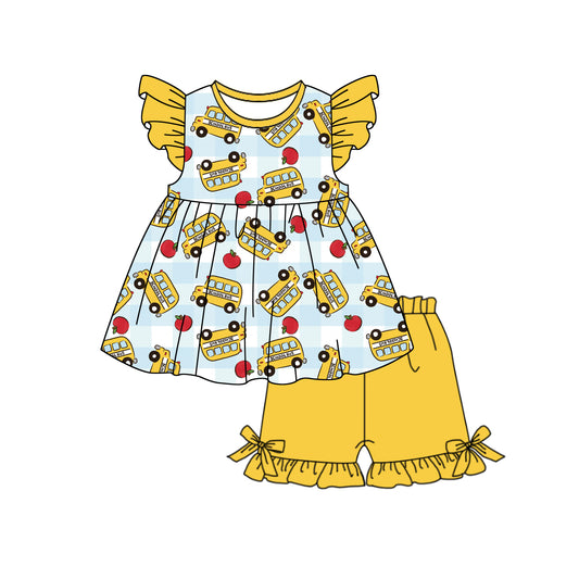 Pre-order no moq GSSO3105 pre-order baby girl clothes bus yellow flying sleeve summer outfit-25.12.30