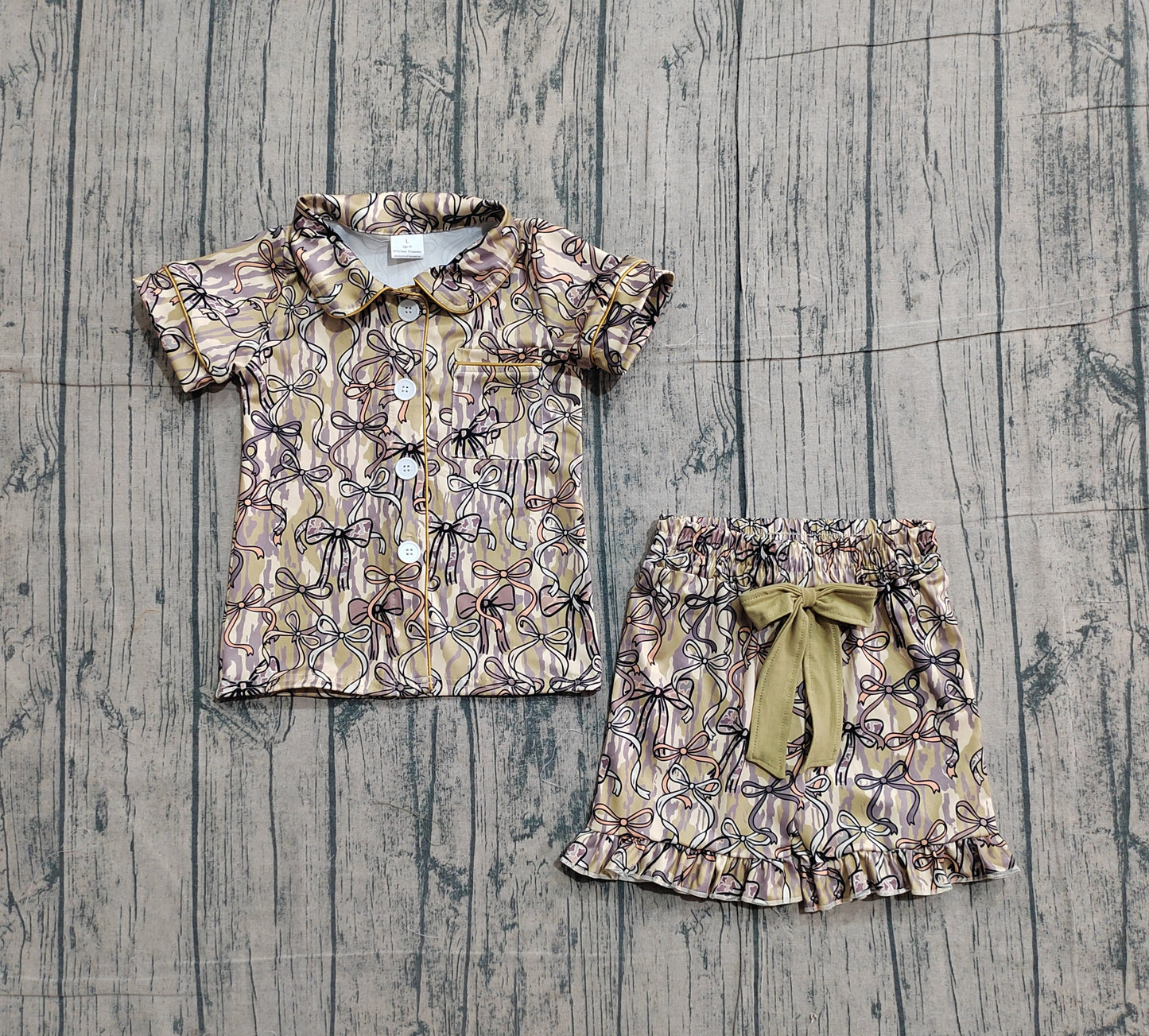 Pre-order no moq GSSO3126 pre-order baby girl clothes camouflage bow short sleeve shorts summer outfit-26.1.22