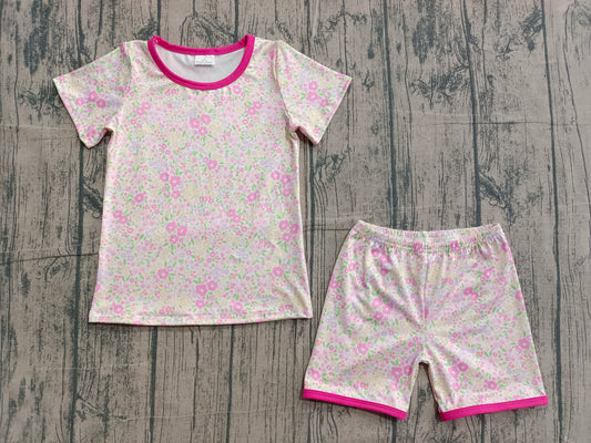 GSSO3129 Preorder IRL Baby Girl Short Sleeve Pink Flowers Top Shorts Clothes Set