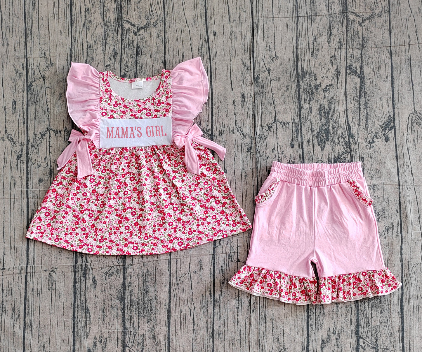 GSSO3131 Preorder Sample Embroidery Mama's Girls Flowers Tunic Pockets Ruffle Shorts Clothes Set